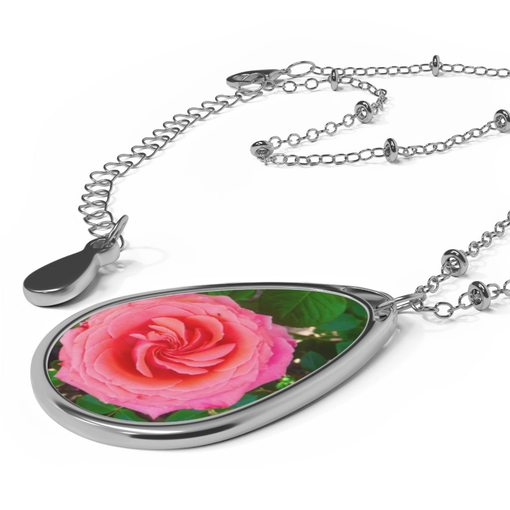 Elegant Oval Necklace with Pink Rose Design, Floral Pendant Jewelry, Gift for Her, Mother's Day Necklace, Wedding Jewelry, Birthday Gift