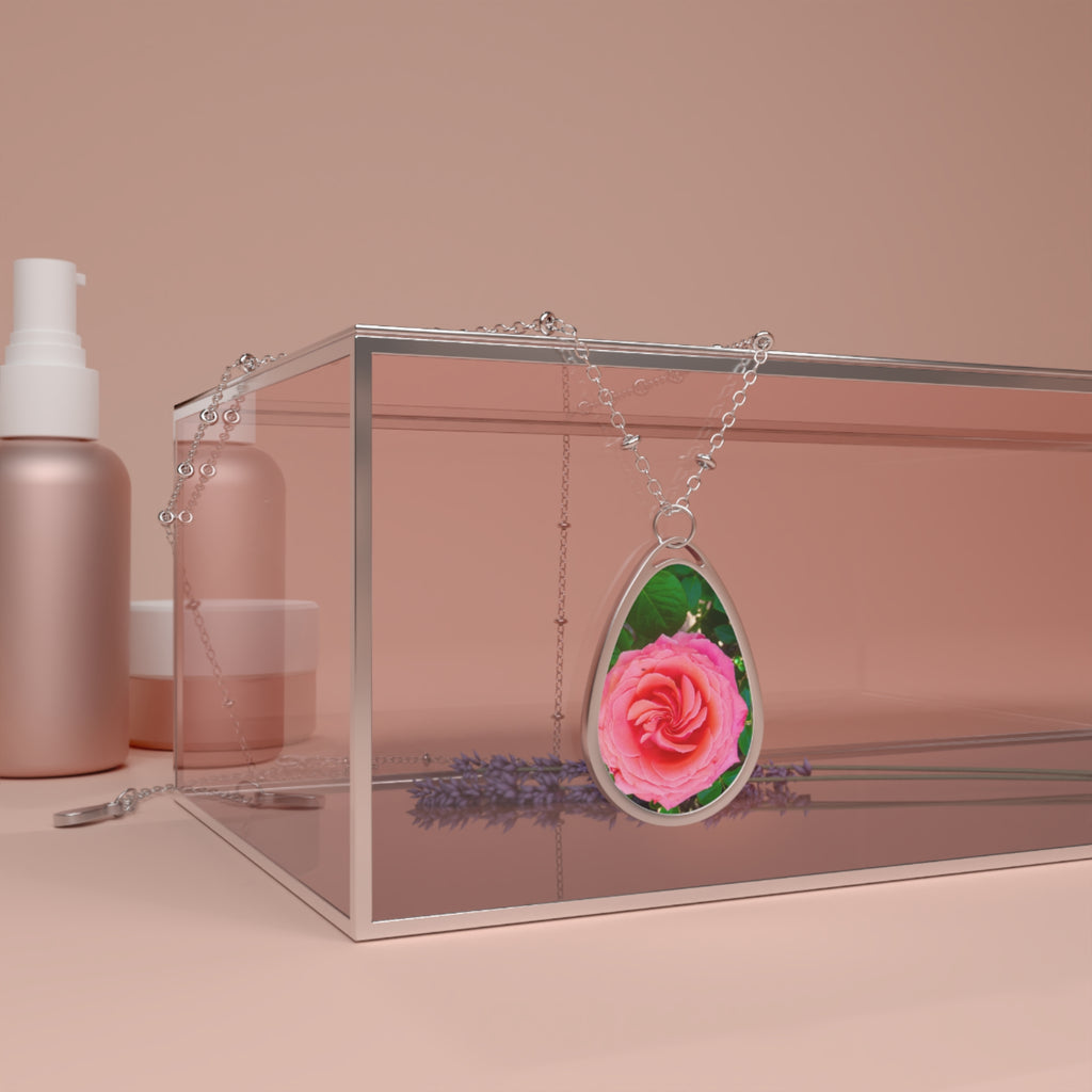 Elegant Oval Necklace with Pink Rose Design, Floral Pendant Jewelry, Gift for Her, Mother's Day Necklace, Wedding Jewelry, Birthday Gift