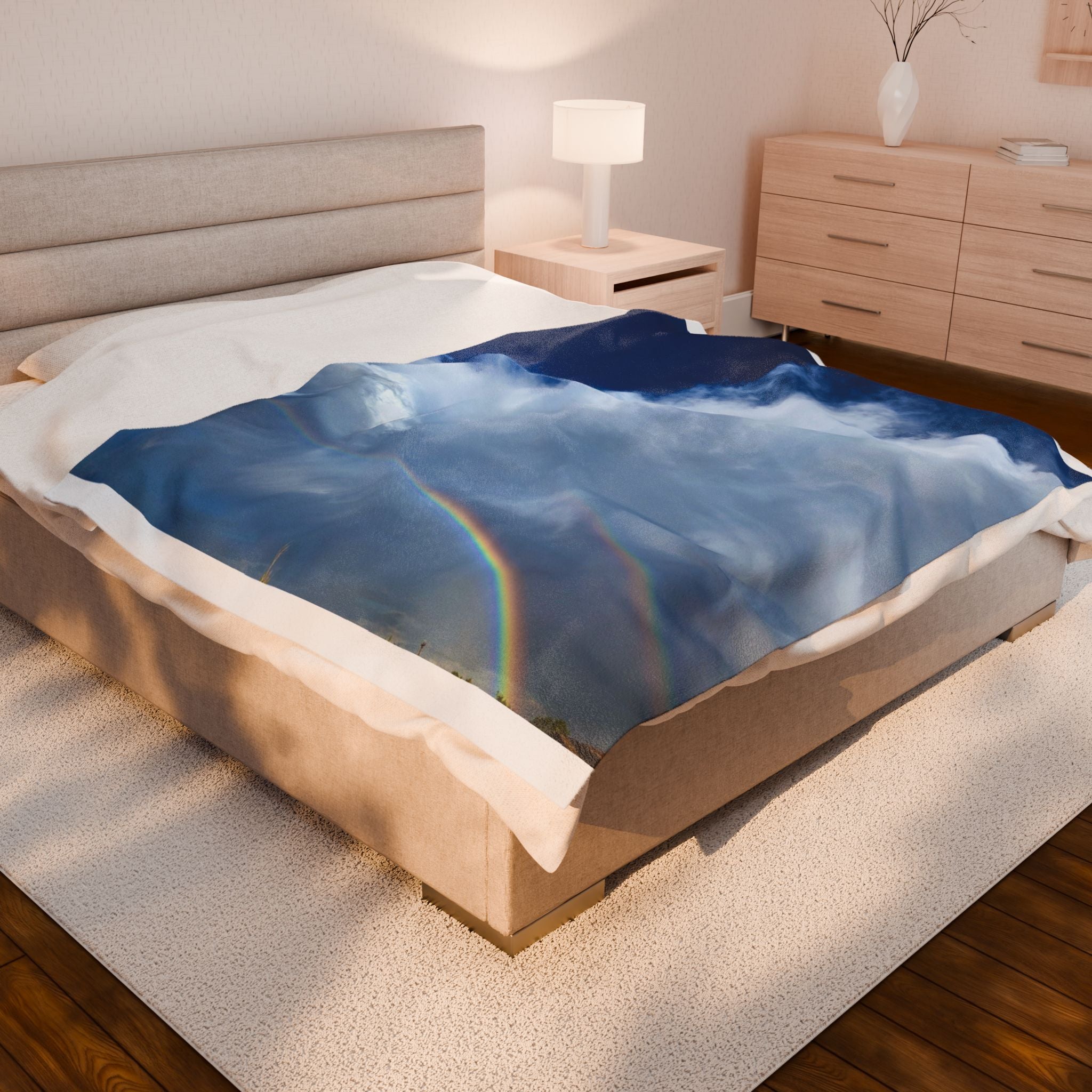 Rainbow Sky Velveteen Plush Blanket, Cozy Throw for Home Decor, Gift for Kids, Soft Blanket for All Seasons, Living Room Accent