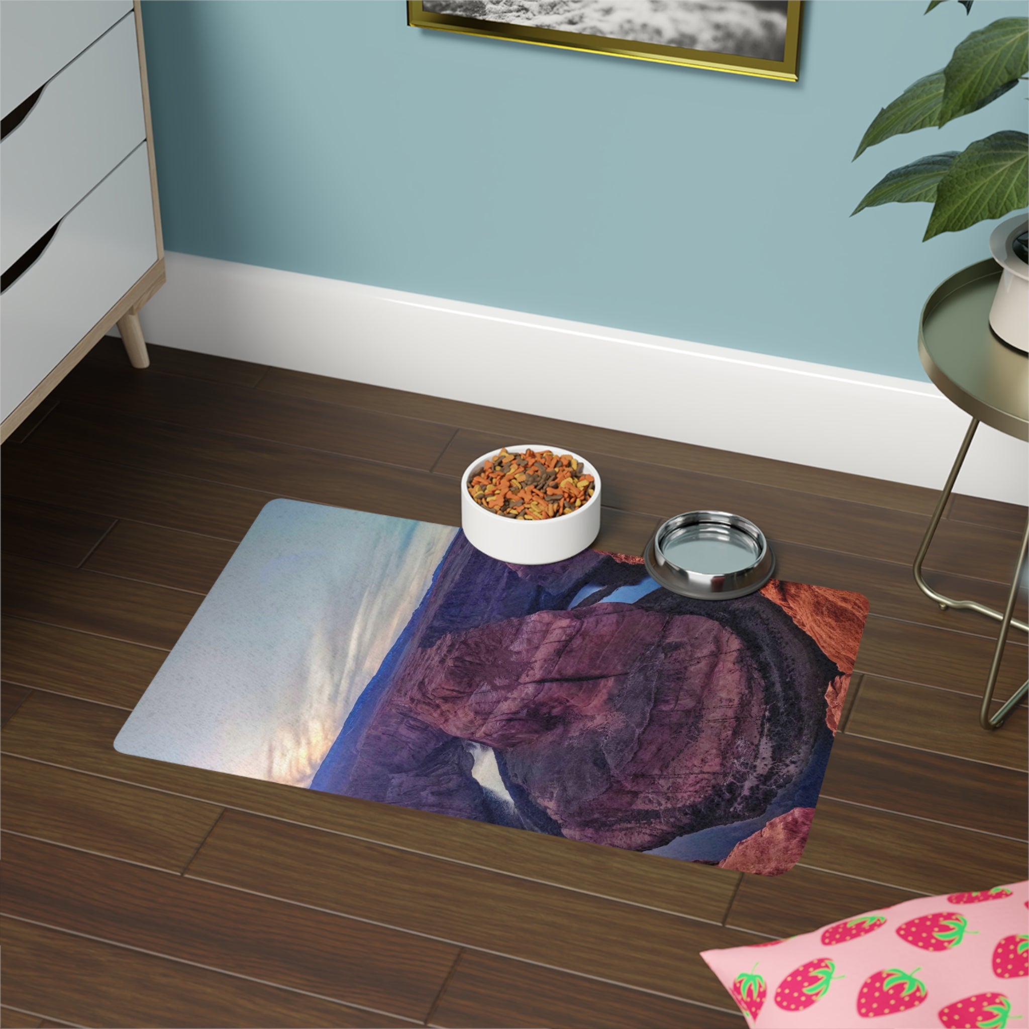Pet Food Mat with Scenic Design | Dog Bowl Tray, Cat Feeding Mat, Non-Slip Pet Accessory, Kitchen Decor